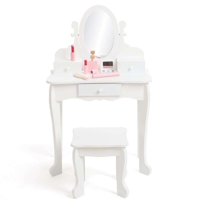Toddler Girls’ Wooden Makeup Dresser & Comfy Stool Set - Engineered Wood Playroom Furniture, Tilt-Adjustable Oval Mirror, Storage Drawers, Tabletop Storage, Play Accessories, Easy Assembly & Simple Cleaning, Assembly Required, Bedroom Use, Birthday Gift