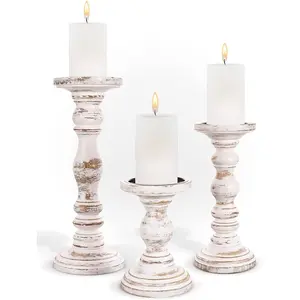 Large Candle Holders for Pillar Candles - Rustic Farmhouse Style Home Decor - Perfect for Table Centerpieces, Coffee Table or Fireplace Mantel - 3 Piece Set - White