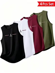 4 Pack Men's Letter Print Sleeveless Top, Sporty Fitted Casual Wear, Breathable Summer, Daily Fashion, Menswear
