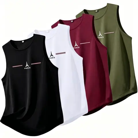 4 Pack Men's Letter Print Sleeveless Top, Sleeveless Vest Tops, Sporty Fitted Casual Wear, Breathable Summer, Daily Fashion, Menswear