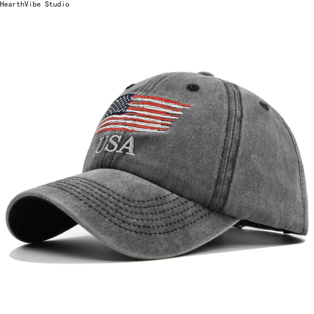 Washed Cotton Baseball Cap for Adults, Distressed American Style with USA Pride Embroidery, Adjustable Sports & Outdoor Hat, Casual Sports & Outdoor Hats, Distressed Design, Casual Wear, One Size