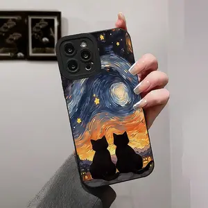 Starry Night Cat Pattern Phone Case, Anti-drop Cellphone Protective Case, Total Protective Shockproof Mobile Phone Cover for iPhone 11/12/13/14/15, Casing, Protection