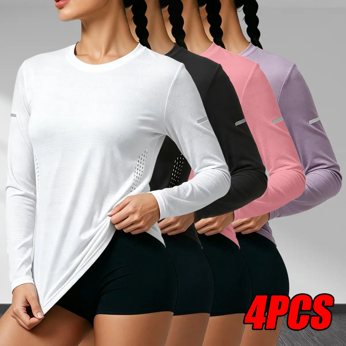 4-piece set, women’s quick-dry breathable mesh long-sleeve stretchy T-shirts, suitable for sports, running, and workouts, all-season women’s tops