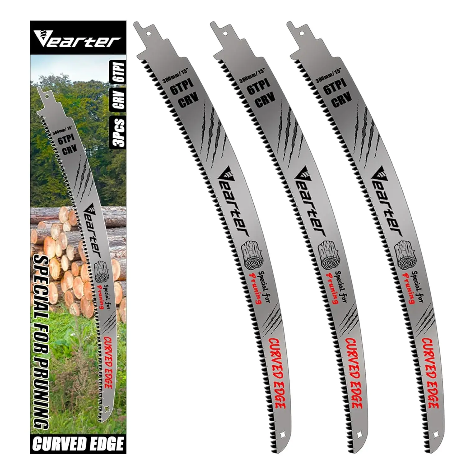 15''(380mm) Reciprocating Saw Blades Japanese Teeth 3PCS, 6TPI Cr V Reciprocal Saw Blades for Trees with Triple Ground Offset Teeth, Curved Edge Recip Saw Blades for Trimming and Wood Cutting, Tool