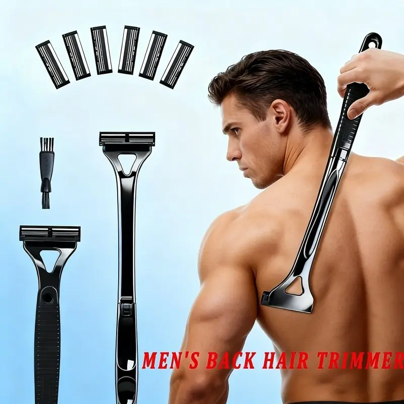 Foldable Back Hair Trimmer Manual Shaver with 6 Replacement Heads, Portable Body Grooming Tool for Men and Women, Essential Bathroom Accessory, Daily Shaving Tool