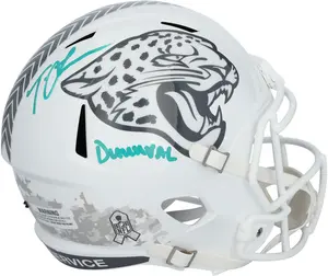 Trevor Lawrence Jacksonville Jaguars Autographed Riddell 2024 Salute To Service Speed Replica Helmet with "DUUUVAL" Inscription - Fanatics Authentic Certified