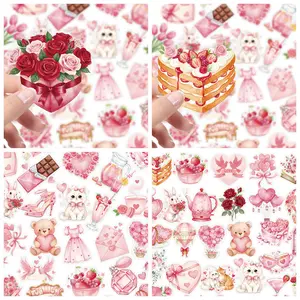 56pcs Romantic Pink Valentine's Day Transparent PET Material Graffiti Stickers, Suitable for Luggage, Phone Cases, Laptops, Helmets, Skateboards, Waterproof Decoration, DIY Creative Stickers