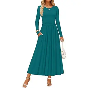 ZESICA Women's Elegant Long Sleeve Maxi Dress 2026 Fall Crewneck Knit High Wasit Pleated Flowy A Line Casual Party Dresses