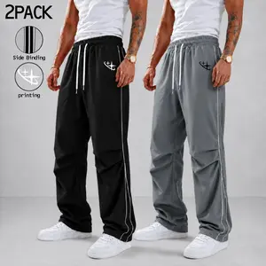 Mens 2 Pack Side Stripe Track Pants Printed Graphic Straight Leg Drawstring Athletic Streetwear Pants Baggy Fit Relaxed Lounge Travel Workout Casual Jogging Bottoms For Gym Outdoor Hangout Everyday Wear Campus Street Style Going Out City Walk