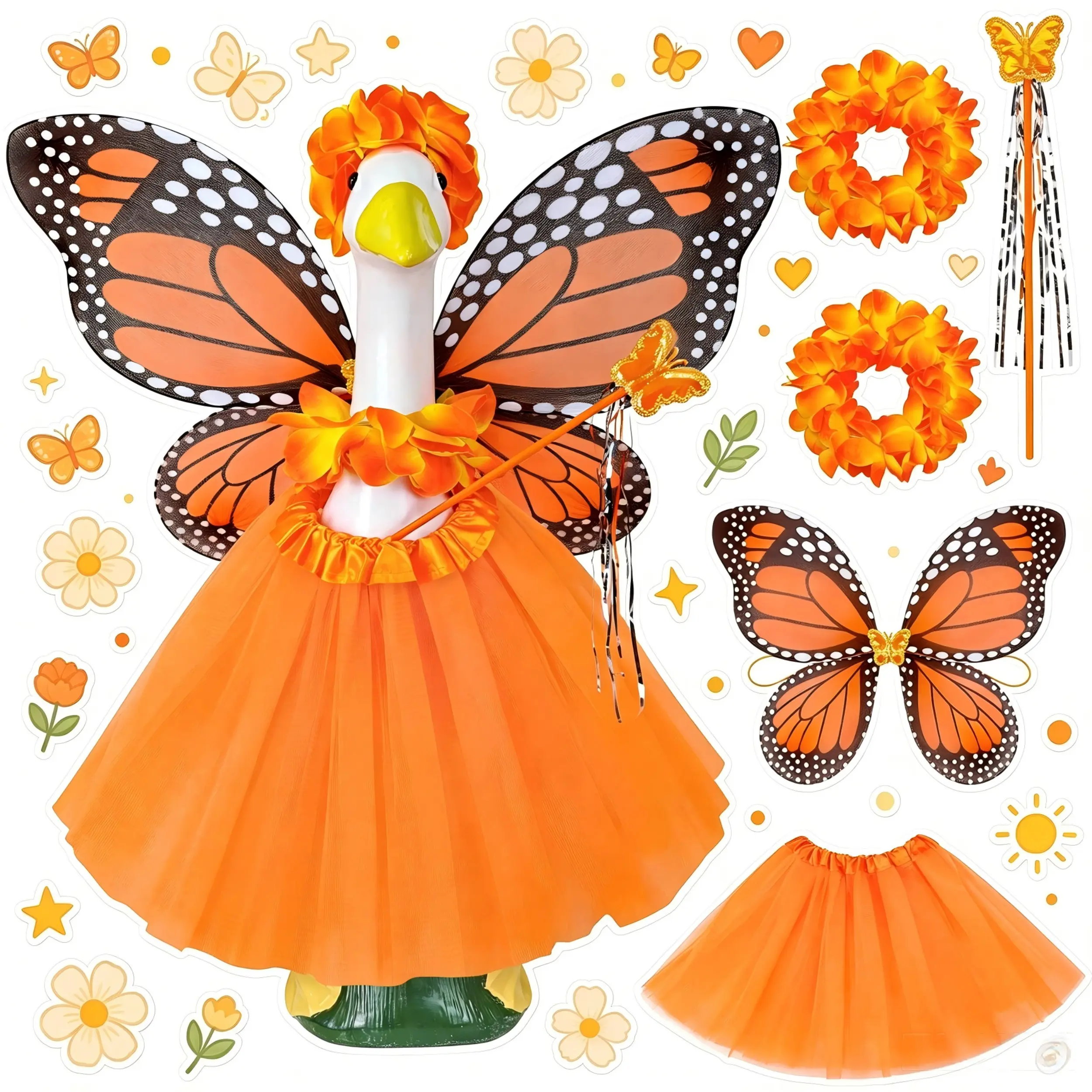 17/23 Inch Monarch Butterfly Fairy Porch Goose Costume, Orange Tutu Skirt, Butterfly Wings, Floral Crowns and Magic Wand for Lawn Goose Figurine, Autumn Outdoor Porch Decoration, Goose Not Included