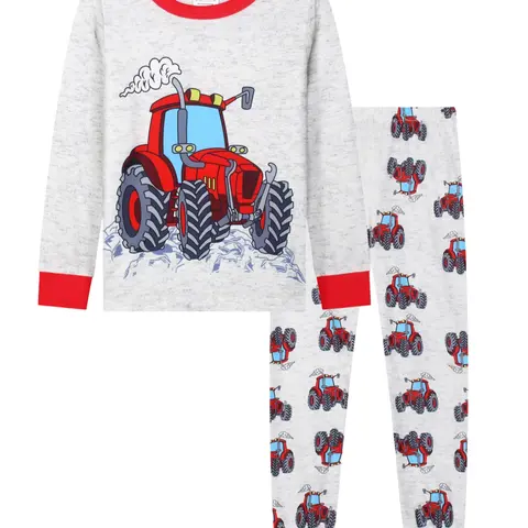 Kids' Long-Sleeve Pajama Set with Tractor Print, Casual Comfortable Home Wear, Loose Fit for All Seasons, Round Neck Pajamas, Pajama Sleepwear