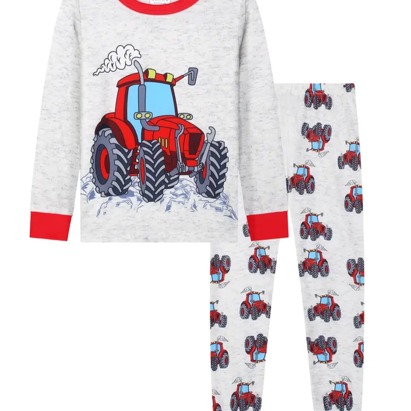 Kids' Long-Sleeve Pajama Set with Tractor Print, Casual Comfortable Home Wear, Loose Fit for All Seasons, Round Neck Pajamas, Pajama Sleepwear