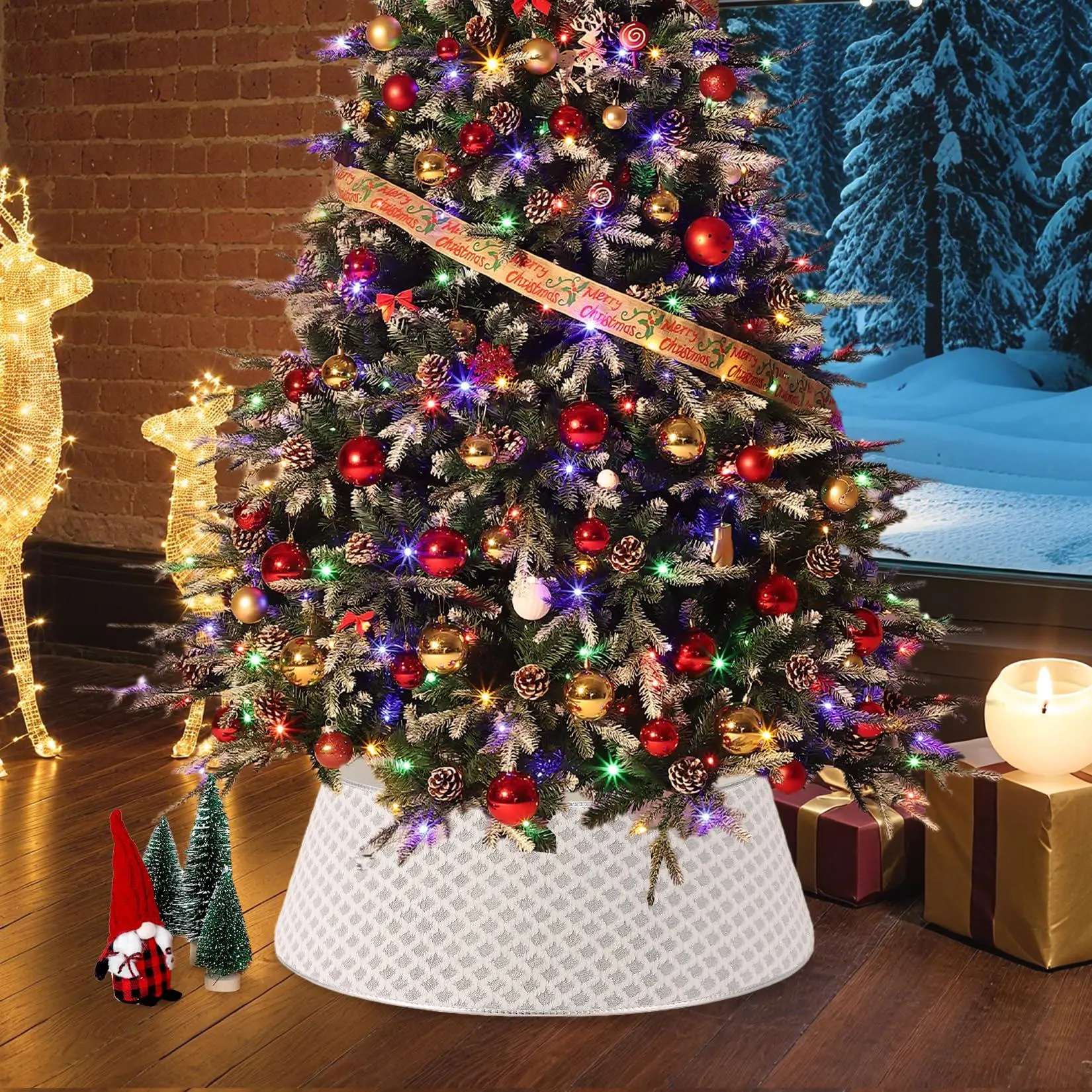 Garvee Silver Christmas Tree Collar, 33Inch Quilted Christmas Tree Skirt with 2 Clips, Soft Festive Holiday Tree Stand Base Cover, Holiday Skirt for Seasonal Home Décor