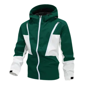 Men’s 100% polyester hooded lightweight jacket with a color-block design—regular fit, long sleeves, zipper, drawstring, pockets; suitable for sports, running, and autumn outfits.