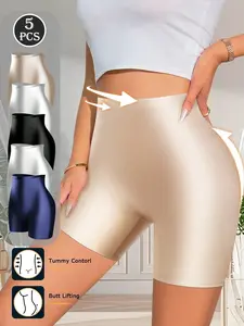 5PCS women’s high-waisted tummy control shapewear shorts set, soft stretchy breathable butt-lifting boyshort underwear, seamless anti-chafing safety shorts for daily wear, workouts, travel, dresses, and lounging
