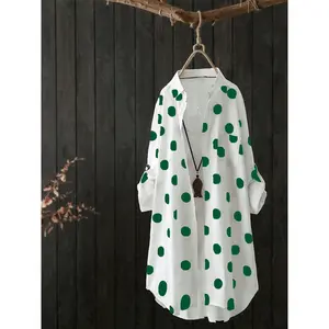 2025 Summer Plus Size Casual Striped Shirt Jacket Long Sleeve Loose Fit Sun Protection Overshirt Coat Tops Womenswear Green Dots