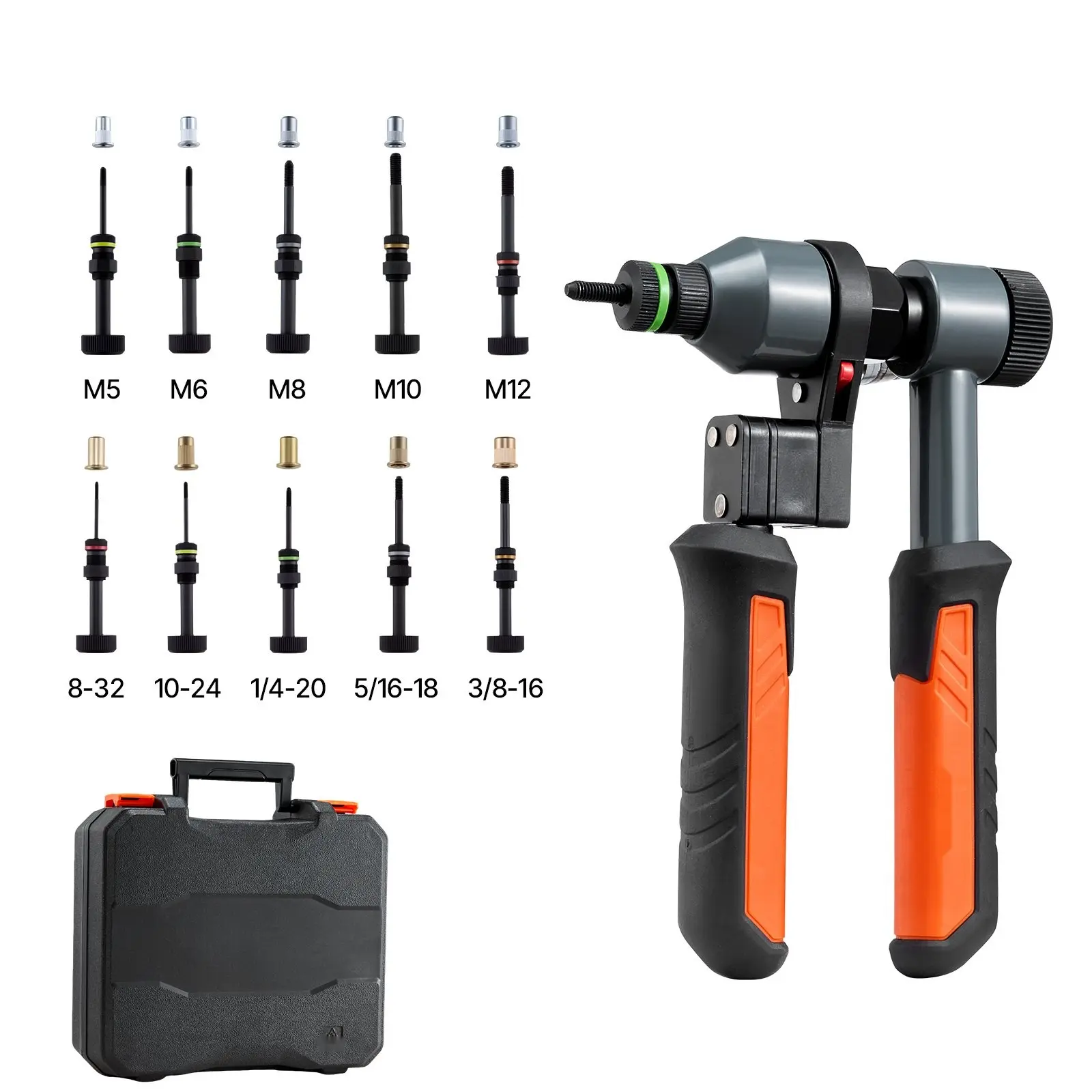 Rivet Nut Tool Kit, 9-Inch Ratchet Rivnut Tool Set With 10 Mandrels, 100 Nuts, Metric And SAE Sizes M5 M6 M8 M10 M12, 8-32 10-24 1/4-20 5/16-18 3/8-16 UNC, Includes Rugged Carrying Case
