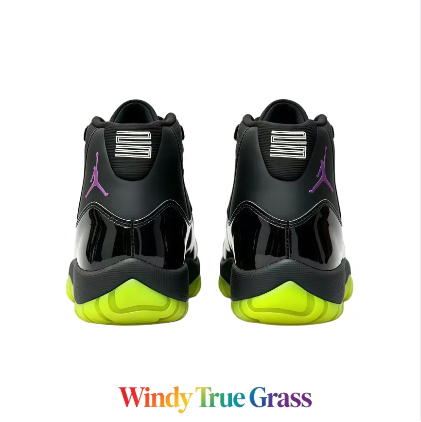 Gloss Leather Casual Sneakers, Solid Black Neon Green Accent High-Top With Locked Lace Structure, Shock Absorb Footbed & Wear Resistant Translucent Outsole, With New Shoe Box, Street Fashion Daily Commute Casual Stroll