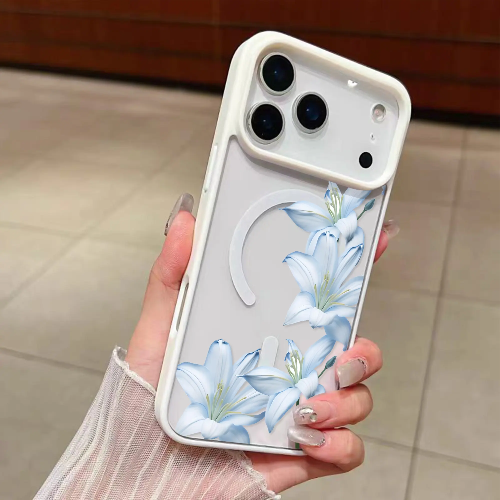Light Blue Lily MagSafe Magnetic Phone Case, Shockproof Dustproof, 360° Screen & Camera Protection, Supports Wireless Charging Compatible with iPhone 11-17 Series & Samsung S22-S26