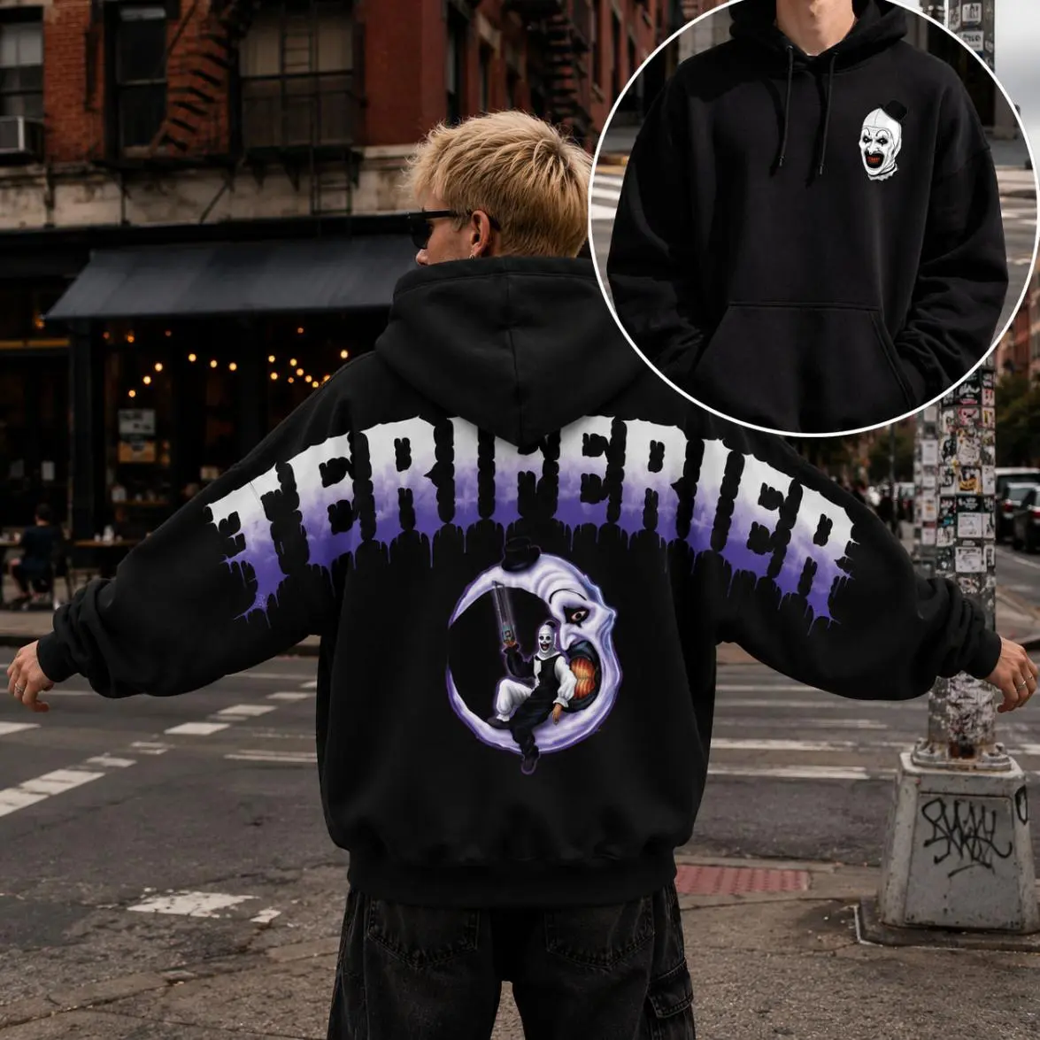 Terrifier Art the Clown Vintage Graphic Hoodie, Retro Horror Movie Gothic Streetwear Oversized Unisex Pullover Sweatshirt Gift for Horror Fans