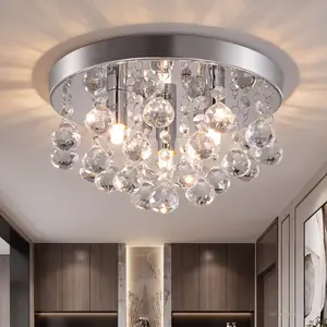 Modern Silver Crystal Flush Mount Ceiling Light, 3-Light Fixture, Elegant Sparkling Round Crystal Low Profile Ceiling Lighting for Hallway Foyer Stairwell Closet Kitchen Balcony Vanity Room, E14 Base, Bulbs Not Included, Ambient Lights