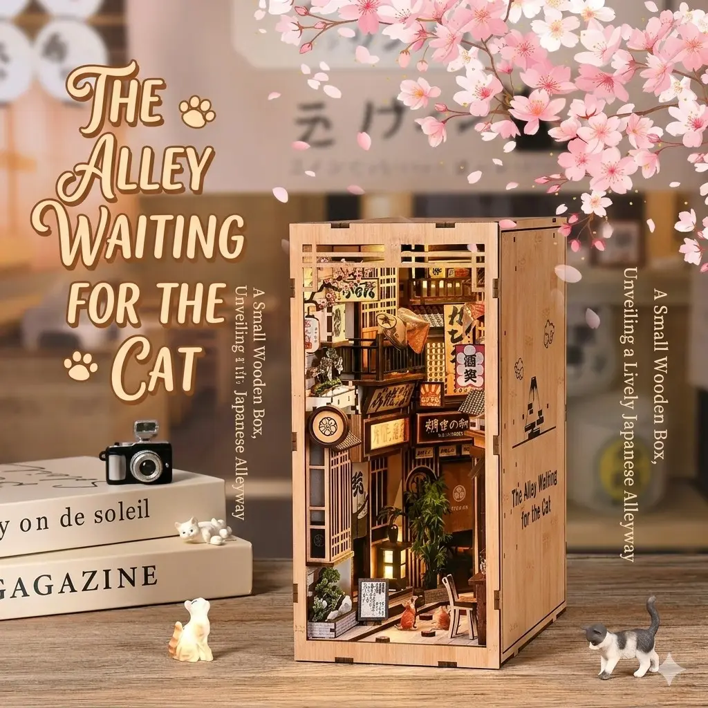 DIY Crafting Book Nook Kit, 3D Wooden Puzzle Bookshelf Insert Decor with LED Light, The Alley Waiting for the Cat Miniature Dollhouse Kit, Creative Gift for Adults & Teens, Miniature Furniture
