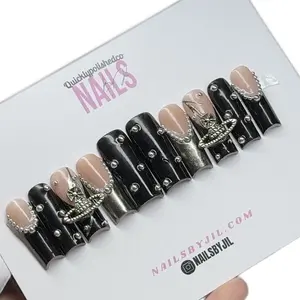 Quicklypolished Durable Long Square Press On Nails with French, Chrome and Gems - Nail Kit Included - Manicure, Comfort