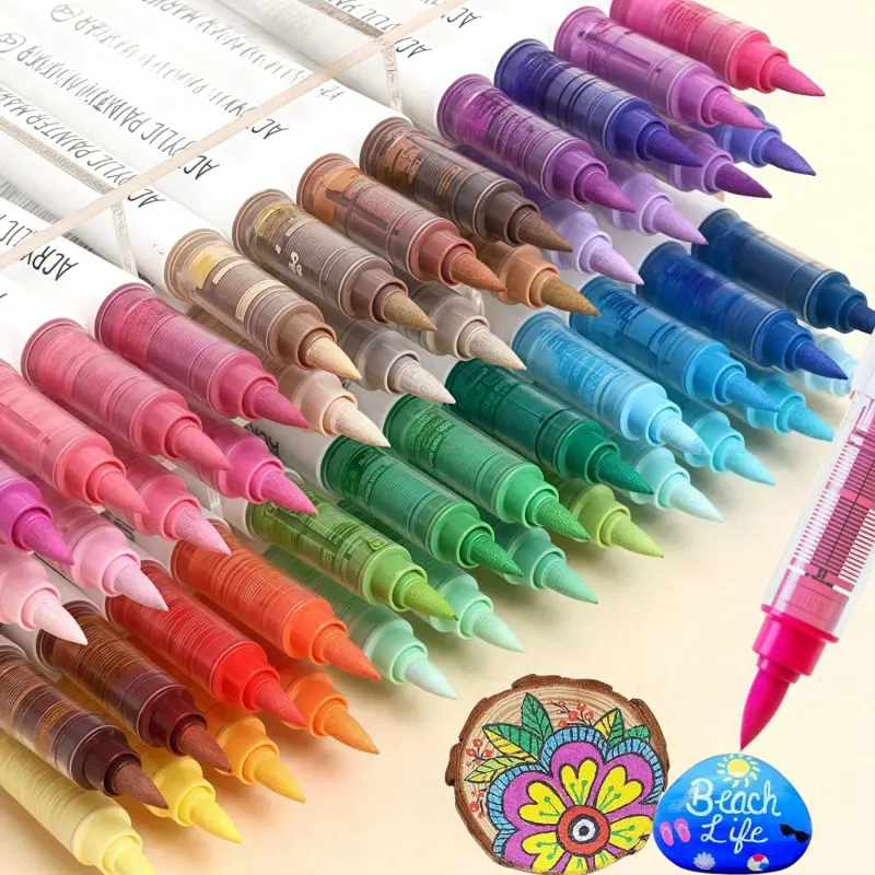 Acrylic Paint Markers Pens, Coloring Markers, Soft Brush Tip Markers with Fast Drying & No-Bleed Ink, Acrylic Paint Pens for Rock, Wood, Egg, Ceramic, Fabric Painting, Art Supplies and DIY Crafts, Acrylic Drawing Markers