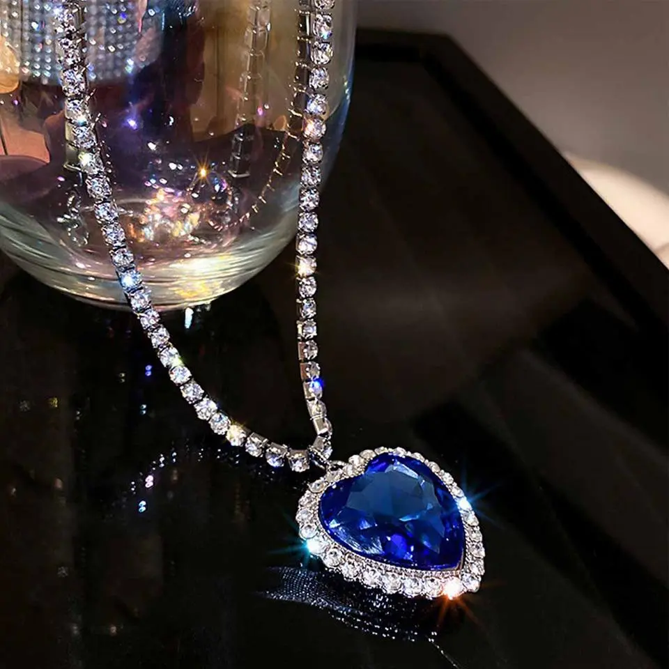 ZAKOL Luxury Blue Heart Pendant Necklaces for Women Rhinestone Crystal Long Chain Necklaces Love Party Jewelry Gifts