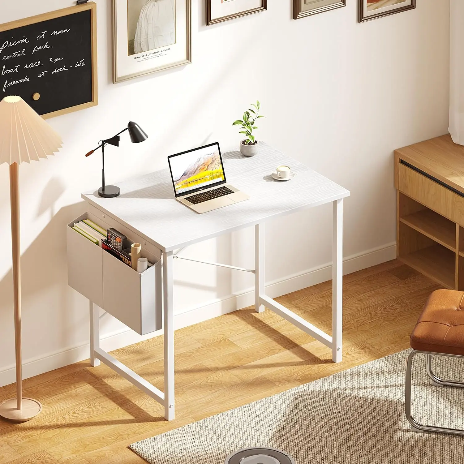 32-Inch Compact White Computer Desk with Storage Organization, X-Shaped Legs & Storage Bag, Sturdy Metal Frame for Bedroom & Home Office, Gaming Writing Study Work Office Secretary Table