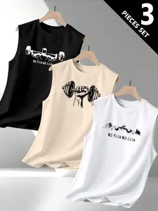 Men's Sleeveless Tank Top 3 Pack, Sporty Weightlifting Graphic Print, Casual Daily Wear, Comfortable All-Season Fitness Tee, Bodybuilding Fitness Tee, Casual Sports Tops, Casual Workout Tops