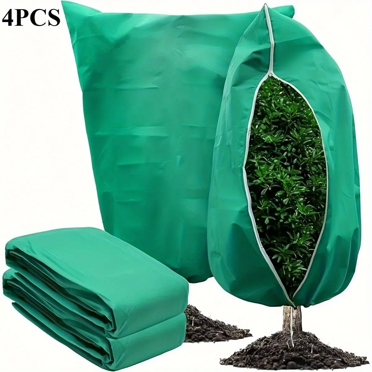 4pcs Winter Tree Protection Covers, Large Plant Frost Bags - Green Anti-Freeze Set for Trees and Shrubs, with Zipper & Drawstring Closure Suitable Outdoor Weather Conditions |   Garden Plants Care