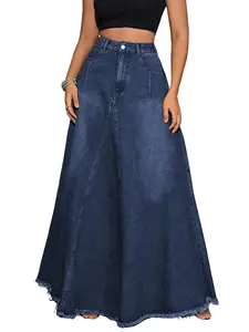 【New Arrival】Ebossy Women's Retro Distressed High Waist Frayed Hem A Line Wash Maxi Long Denim Skirt with Pockets & Tassels for Casual & Party Wear