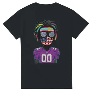 The Psychedelic Patriot Graphic Tee Purple Vike-ing Edition Fitted Short Sleeve Crew Neck Casual Unisex Classic Summer Tee with Bold Purple Design and Trippy Spiral Eyes
