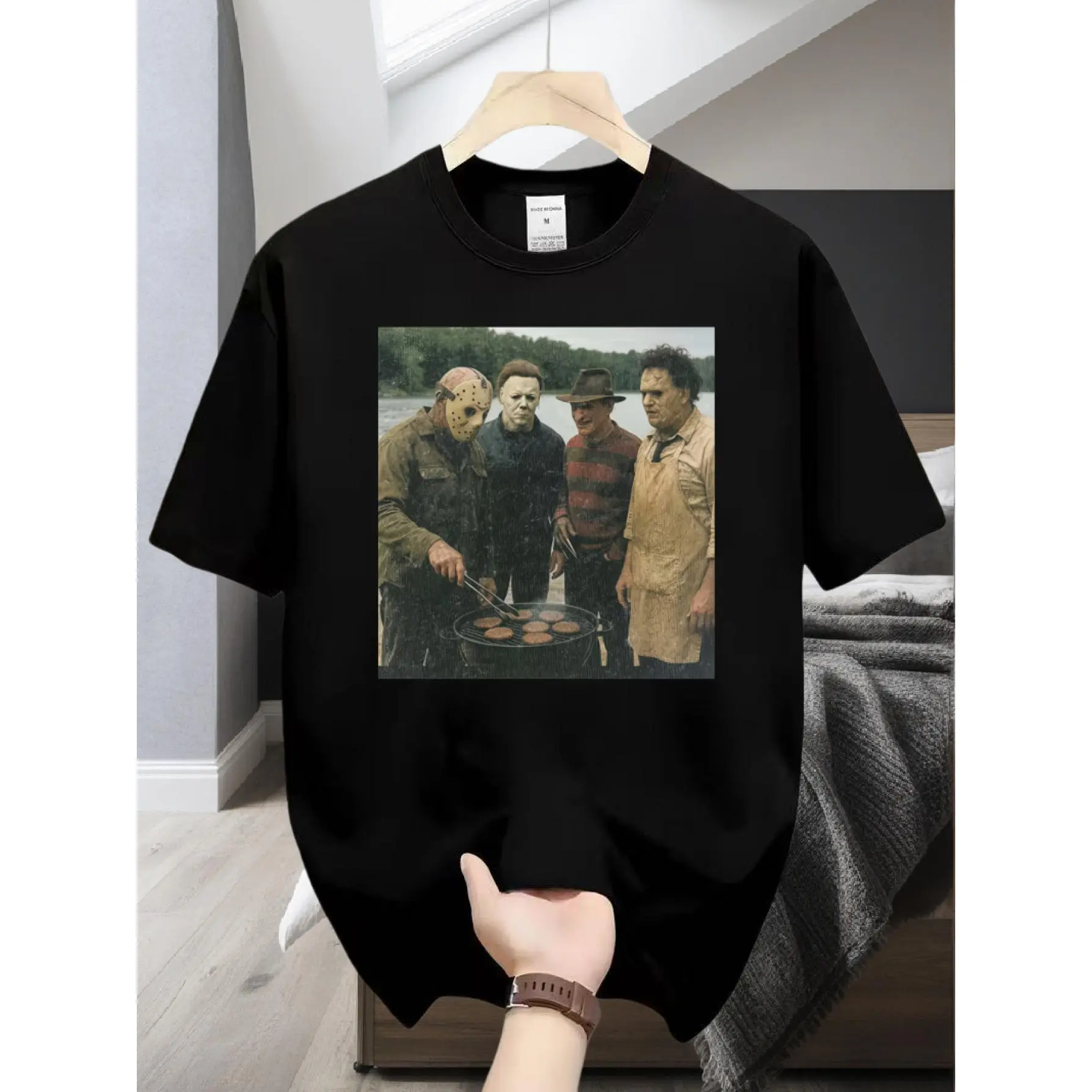 Jason Freddy Horror Movie Character Barbecue Motif Unisex T-shirt Short Sleeve Casual Top for Fans Graphic Funny Father's Day Gift,Monaco,soft,snarky,backless,special,baggy,fishing,athletic,tshirt,Jack,long,Men's,sleeveless,compression,fashi,s,,u,bas,team
