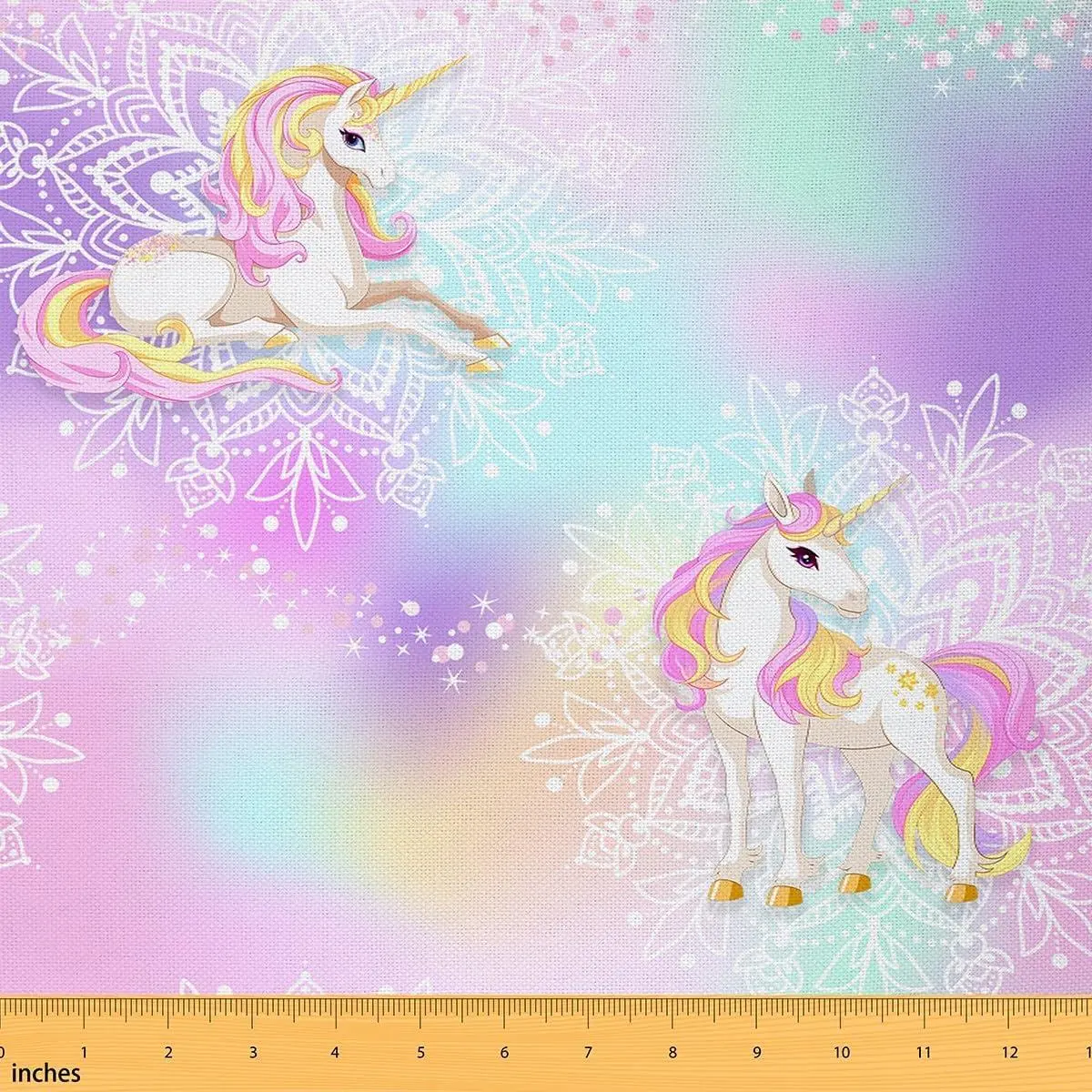 Kawaii Unicorn Fabric,Boho Mandala Flower Polyester Fabric Soft Flannel Polyester No Stretch and Home DIY Projects,,Not Cotton,Colorful Tie Dye ish Princess Theme