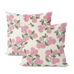 2 Pieces Preppy Style Pink Spring Pillow Cover, Green Hydrangea Decorative Pillow, Retro Floral Summer Seasonal Outdoor Decorative Pillowcase, Linen & Polyester Sofa Cushion Cover