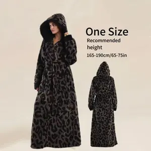 Trendy Leopard Print Bathrobe, Coffee Color Hooded Robe, with Pockets and Belt, Perfect for Home Relaxation, Loungewear