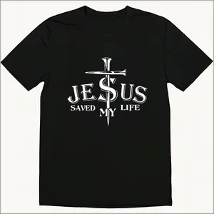 1pc Men's 100% Cotton T-Shirt - Jesus Saved My Life Graphic Print, Casual Short Sleeve Crew Neck Tee for Summer Outdoor, White with Black Cross Design