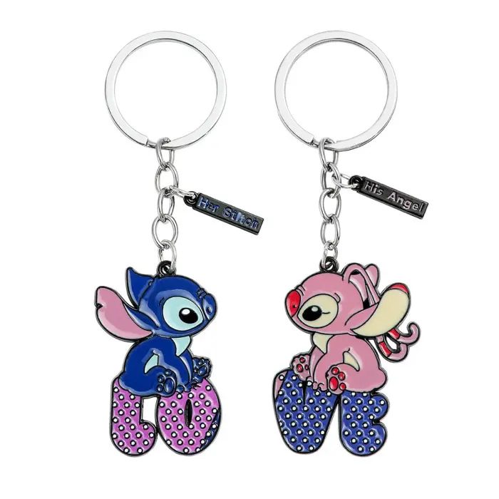 Disney Stitch Couple Love Patchwork Keychain Blue & Pink Characters with "Love" Design Perfect for Couples Ideal Gift for Everyday Use