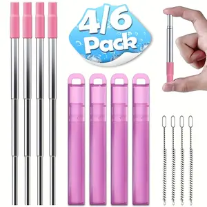 4/6 Pack Portable Telescopic Travel Drinking Straw, Reusable Stainless Steel Collapsible Straws with Case & Cleaning Brush & Silicone Tips, Retractable Portable Pocket Straws for Travel, Home, Party, Travel Accessories