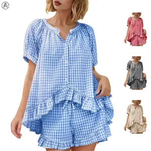 Women’s Gingham Pajamas Set – 2-Piece Cotton PJs with Ruffle Babydoll Shirt & Plaid Shorts for Cozy Sleepwear & Lounge Outfits