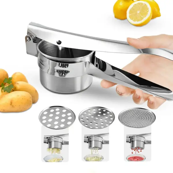 Stainless Steel Potato Ricer Masher with 4 Interchangeable Discs,Multi Functional Manual Press for Spaetzle, Gnocchi, Spaghetti, Potatoes, Fruits, Vegetables, Heavy Duty Kitchen Tool, Easy Squeeze