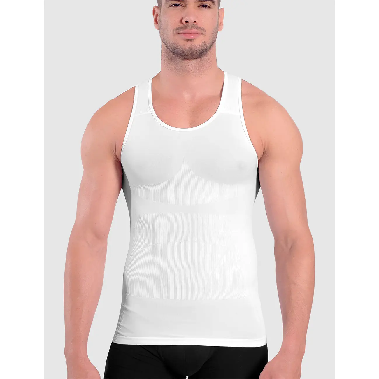 ROUNDERBUM Men's Light Compression Tank Top Slimming Posture Support White S-XL