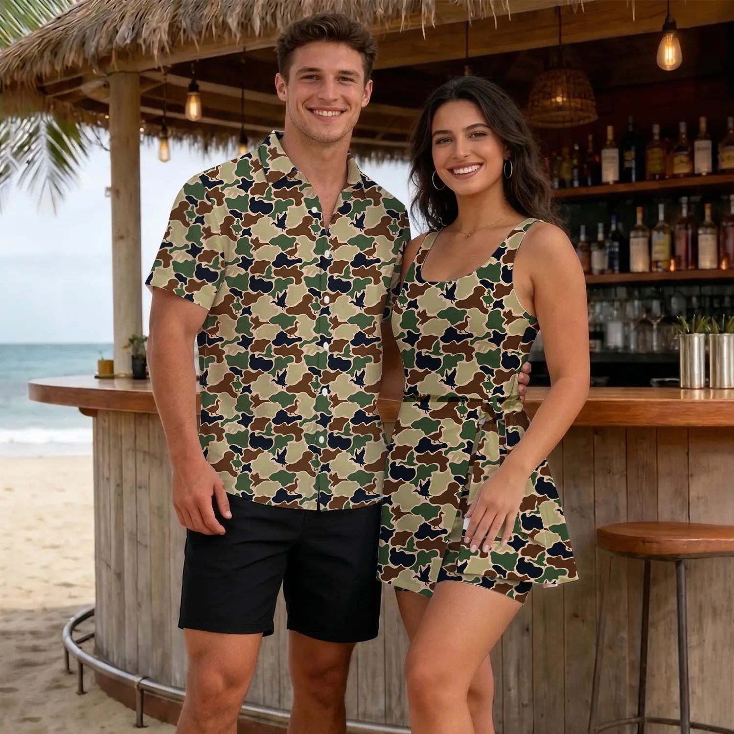 Duck Camo Matching Couple Set, Dress for Her and Shirt Hawaii for Him, Outdoor Matching Set for Men Women, Summer Beach Vacation Couple Outfit, Duck Camo Pattern Apparel for Couple | 020426.R0731.ID01