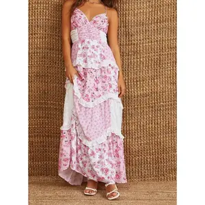 Wearing our floral lace patch spaghetti strap dress is refreshing - available in pink or blue to create a fashionable summer lookRAIMENTRY