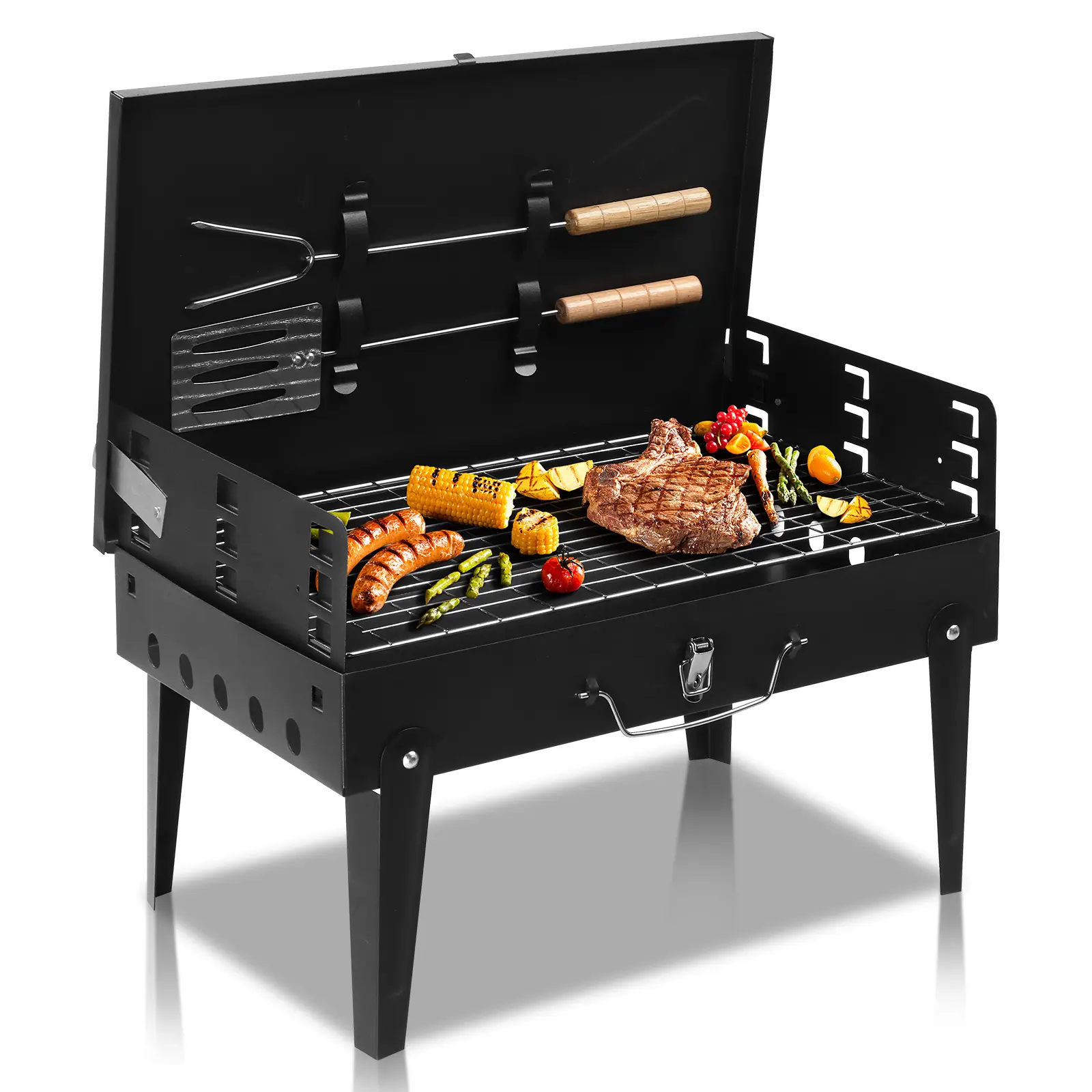 Portable Square Charcoal Grill, 44*27*7cm, High-Temperature Resistant, 3-Height Adjustable, Cast Iron, Folding