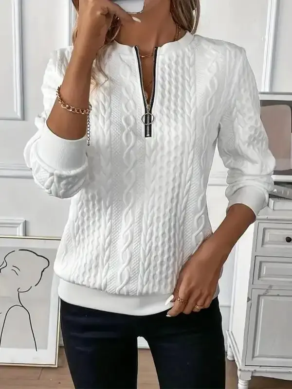 Women's Plain Textured Half Zip Up Sweatshirt, Casual Long Sleeve Round Neck Pullover for Fall & Winter, Ladies Clothes for Daily Wear