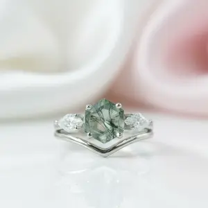 Hexagon Exquisite Moss Agate Engagement Ring Set