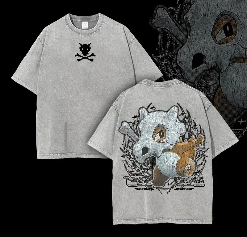 Men's Pocket Monsters Cubone Oversized Vintage Ribbed Seamless Acid Washed Heavyweight Cotton T-Shirt - Menswear Top with Stylish Soft Fabric for Anime Manga Fans